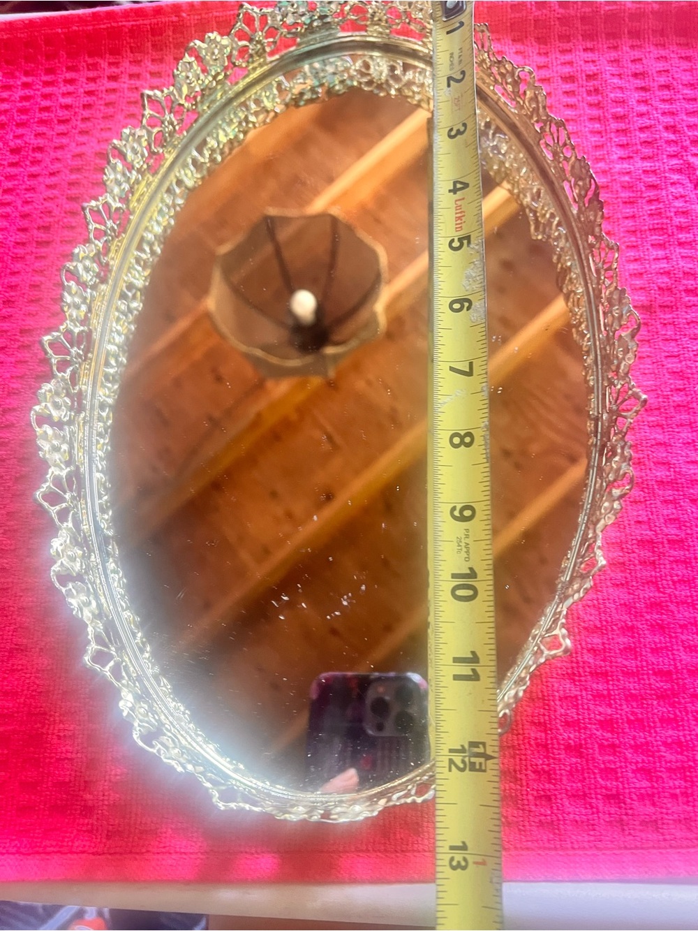 Vintage Oval Mirrored Vanity Dresser Tray Ornate Filigree Gold Tone Metal
